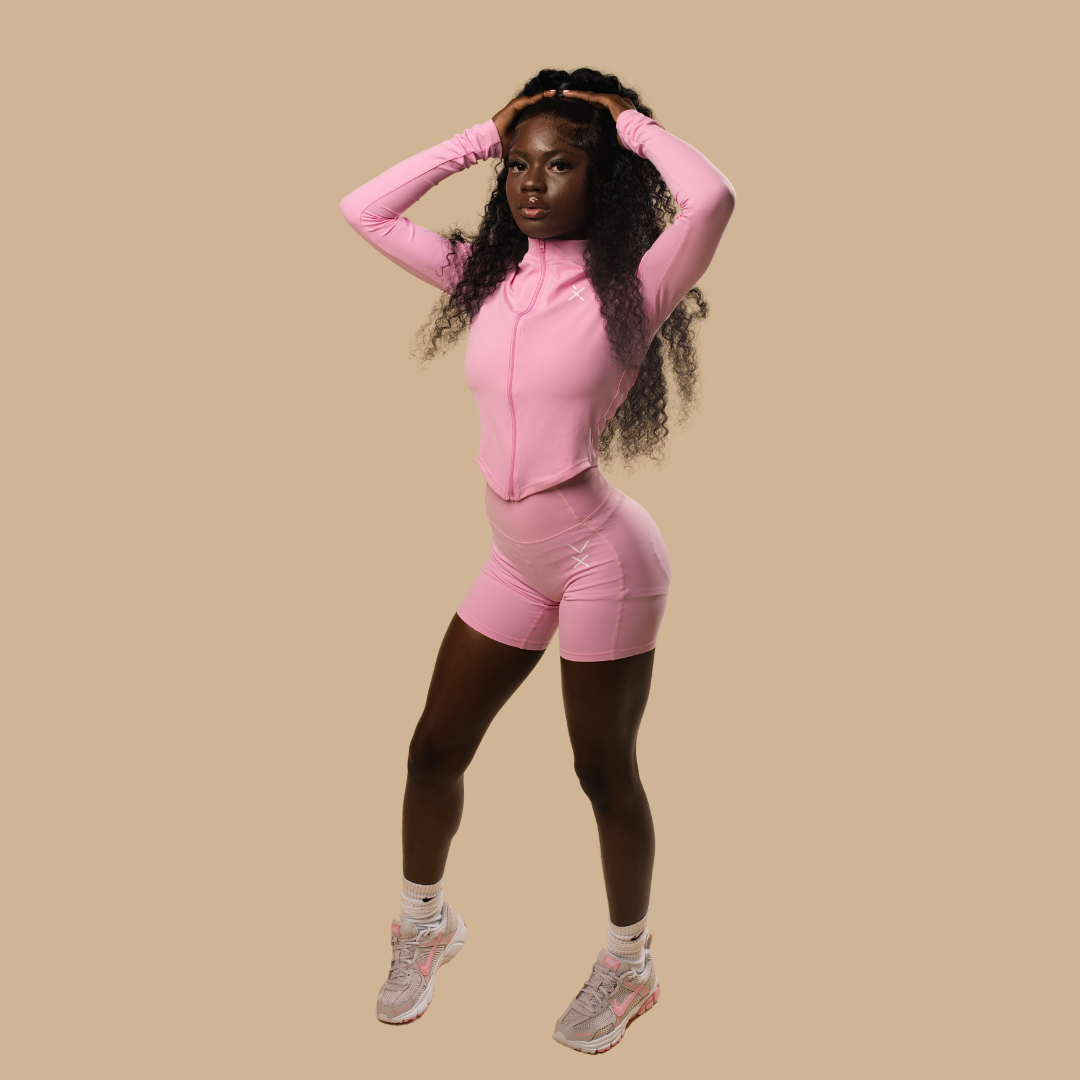 Pink Athletic Wear Set - Zip-Up Jacket & Shorts