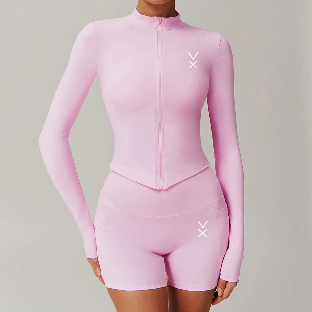 Pink Athletic Wear Set - Zip-Up Jacket & Shorts